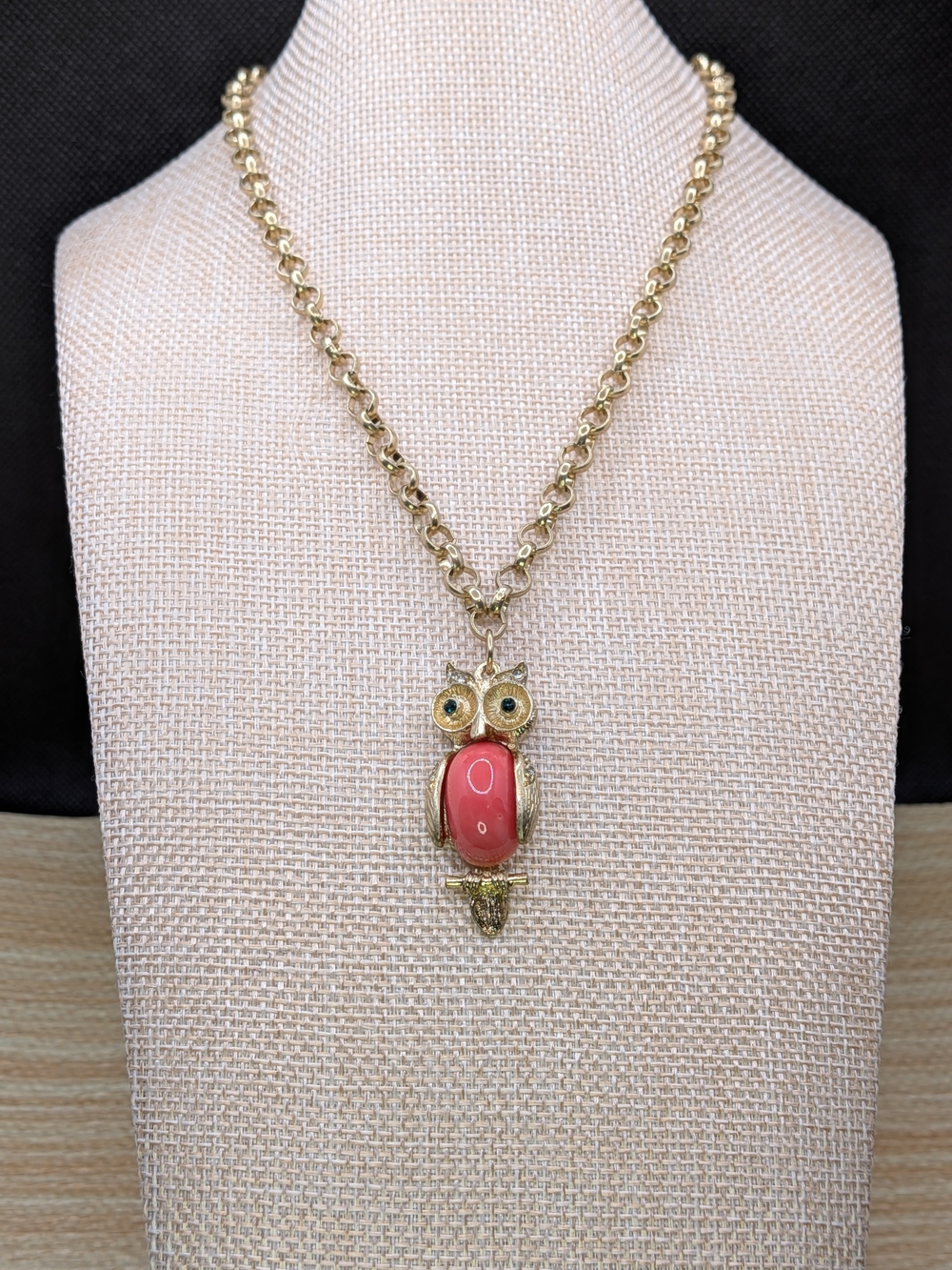 Stella And Dot Gold Owl Pendant Necklace with Coral Pink Stone and Jewel Accents